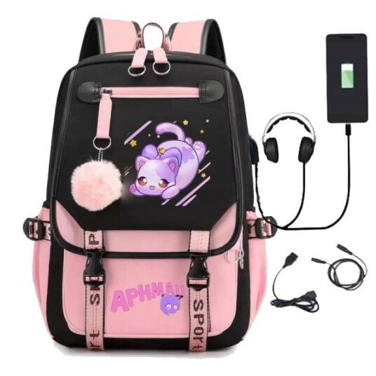Aphmau ryggsekk barn ryggsekker ryggsekk med USB uttak 1 stk rosa 2 rosa 2