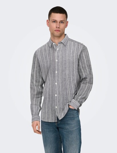 ONLY & SONS Onscaiden Life Ls Stripe Linen Noos   Grey   XS