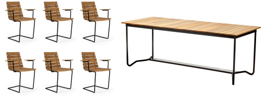 Skargaarden Grinda spisegruppe Teak med svarte detaljer 6 lenestoler & bord 200x85 cm