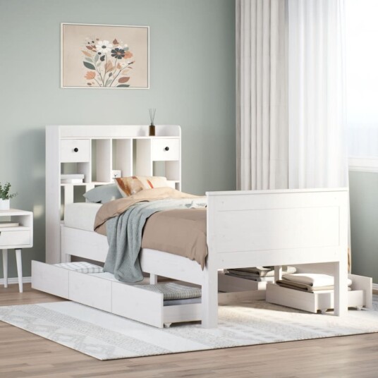  Seng med bokhylle uten madrass hvit 90x200 cm heltre furu