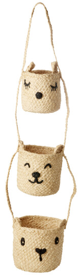 Rice Raffia 3-Tier Hanging Storage with Animal Faces Natural