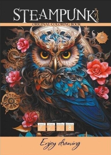 Fargelegg A4 8 Bilder Steampunk Ugle