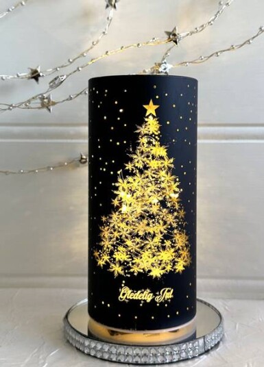 Lyslykt sort med Juletre motiv og Led-lys