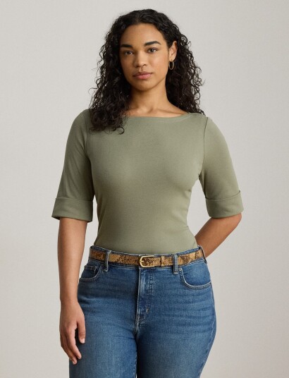 Lauren Women Stretch Cotton Boatneck Tee Khaki green XXXL