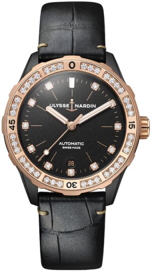 Ulysse Nardin Dameklokke 8165 182B BLACK Diver Sort/Lær Ø39 mm