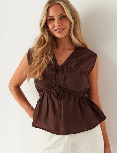 Bubbleroom Viscose Tie Detail Blouse Brown XS Bubbleroom Viscose Tie Detail Blouse Brown XS