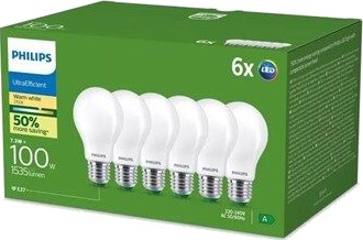Philips Ultra Efficient Led Pære E27 A60 7,3W = 100W 2700K Varm 6 Stk. Philips Ultra Efficient Led Pære E27 A60 7,3W = 100W 2700K Varm 6 Stk.