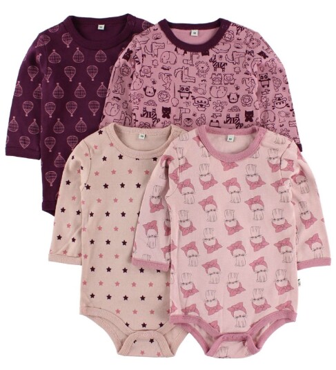 Pippi Bodyer I/e 4 pack Rosa/Lilla m. Mønster Pippi Baby 3 år 98 Langermet Body