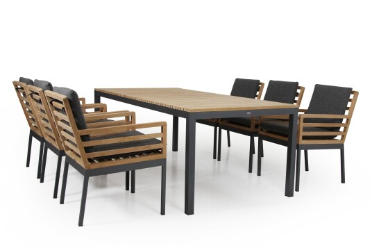 Brafab Zalongo spisegruppe Teak med grå pute 6 lenestoler & bord 200x100 cm