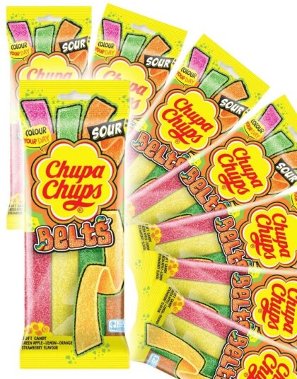 18 stk Chupa Chups Sour Belts Mix   Sure Godteribelter med Forskjellige Smaker   Hel Eske 1,62 kg