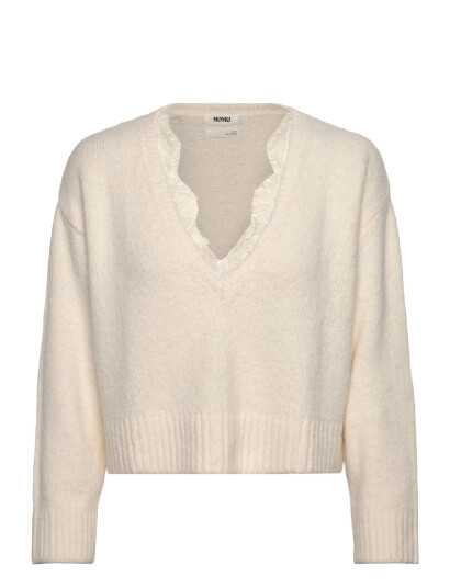 Monki Lace-Trimmed V-Neck Sweater - Cream - XL Monki Lace-Trimmed V-Neck Sweater - Cream - XL