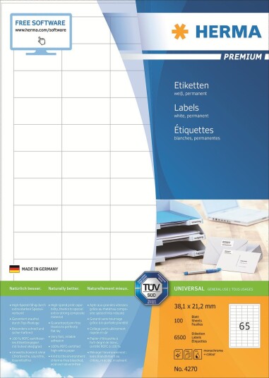 Herma Premium - Papir - Matt - Permanent Selv-Adhesiv - Hvit - 38.1 X 21.2 Mm 6500 Etikett(Er) (100 Ark X 65) Laminerte Etiketter