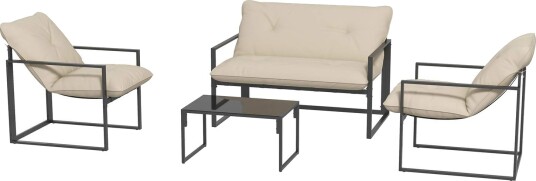 Hagemøbelsett 4 personer med 2 seters sofa 2 lenestoler og 1 salongbord 3 puter til terrassehage svart stål grå polyester Ao