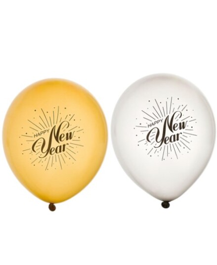 6 stk Sølvog Gullfarget Happy New Year Ballonger 30 cm