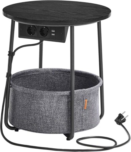 Pricenet Rundt sidebord med uttak USB-porter og lagringskurv