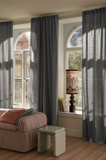 Ellos Home Gardin med multibånd Elly i resirkulert halvlinne 2 pakning Grå