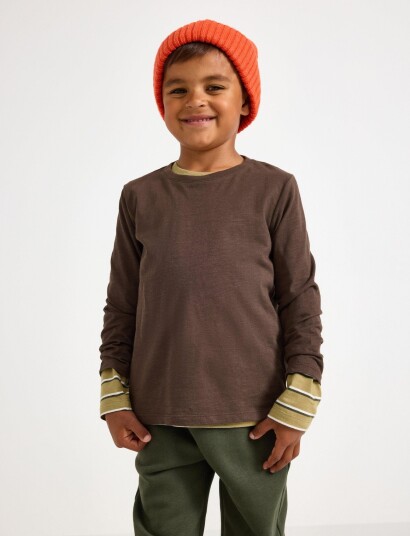 Lindex Long Sleeved Top In Slub Jersey Brown 140