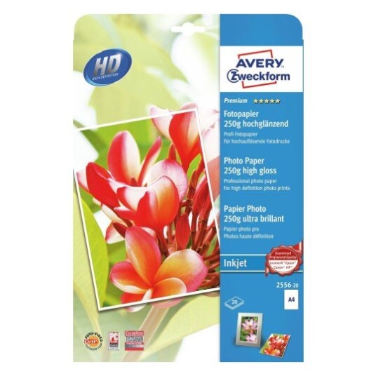 Avery Photopaper 250G. Premium glanset hvit A4 modell 2556-20