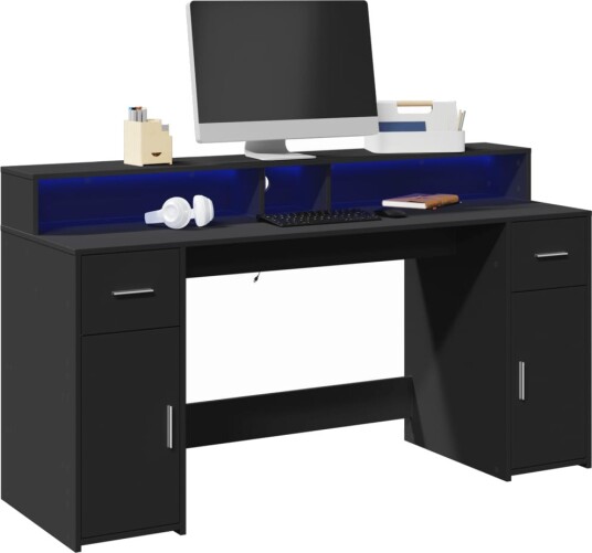 Skrivebord med LED-lys svart 160x55x91 cm konstruert tre