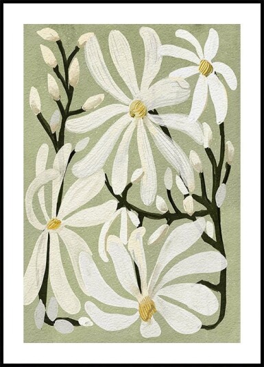 Star Magnolia Florals on Sage background Poster Plakat / 21x30cm