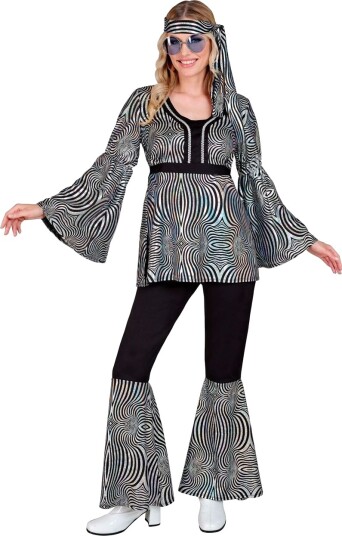 70"s Svart Hippiekostyme med Funky Sølvstriper til Dame XXL