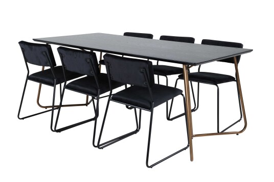 Venture Design Petra & Kenth spisegruppe Svart/svart 6 stoler & bord 190 x 90 cm