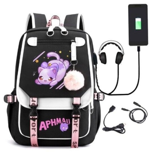Aphmau ryggsekk barn ryggsekker ryggsekk med USB-uttak 1 stk Svart