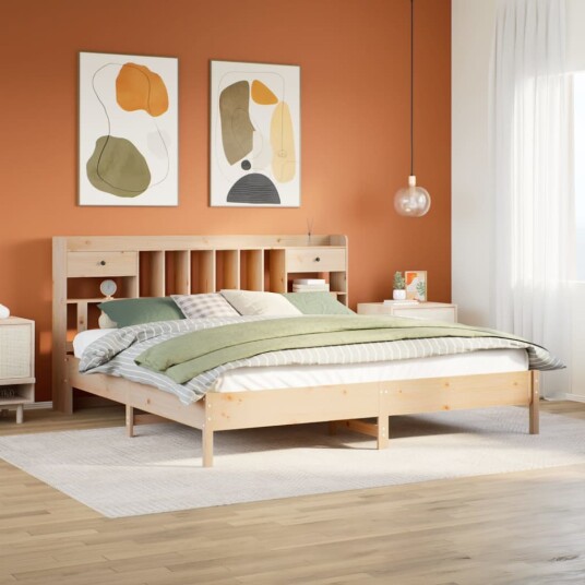 Seng med bokhylle uten madrass 180x200 cm heltre furu 8721158616876
