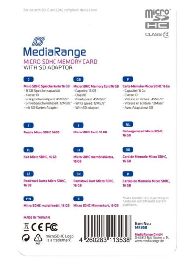 Mediarange - Flashminnekort (Microsdhc Til Sd-Adapter Inkludert) - 16 Gb - Class 10 - Microsdhc - Svart Mediarange - Flashminnekort (Microsdhc Til Sd-Adapter Inkludert) - 16 Gb - Class 10 - Microsdhc - Svart