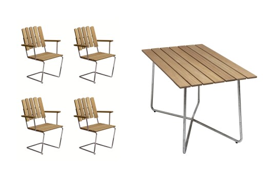 Grythyttan Stålmöbler A2 & B25 matgruppe Oljert eik/galvanisert stål 4 lenestoler & bord 120 cm