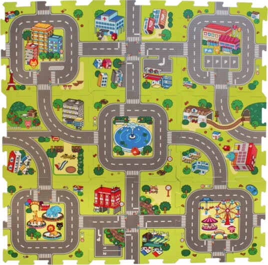 Magni Legegulv med vej og by udført i EVA 9 skumfliser. / Play floor with roads and city made in foam tiles