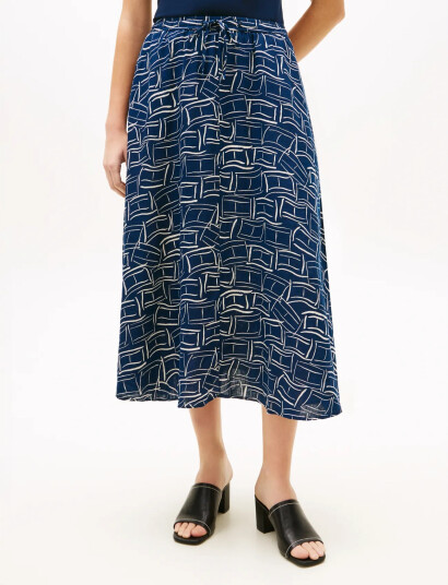 Tommy Hilfiger Ess Linen Flare Midi Skirt   Navy   M