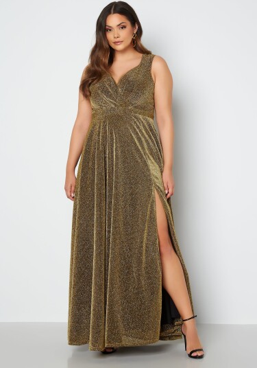 Goddiva Curve Glitter Wrap Front Maxi Curve Dress With Split