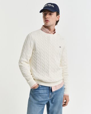 Gant Kabelstrikket genser i bomull med rund hals CREAM 4XL