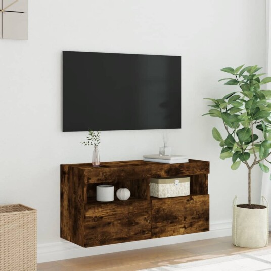 vidaXL Vegghengt TV-benk med LED røkt eik 80x30x40 cm 8721012257894 vidaXL Vegghengt TV-benk med LED røkt eik 80x30x40 cm 8721012257894