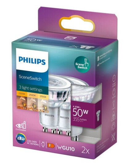 Philips Sceneswitch Led-Pære For Søkelys Gu10 1.5/3.5/4.8 W Ekvivalent 50 Klasse F Varmhvitt/Flammelys 2200/2500/2700 K En Pakke 2 Philips Sceneswitch Led-Pære For Søkelys Gu10 1.5/3.5/4.8 W Ekvivalent 50 Klasse F Varmhvitt/Flammelys 2200/2500/2700 K En Pakke 2