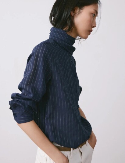 Mango Striped Blouse With Bow Tie Neck   Navy   XS