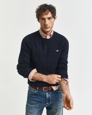 Gant Kabelstrikket genser i bomull med rund hals EVENING BLUE 4XL