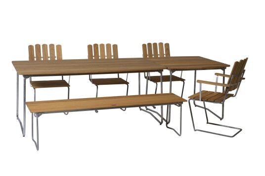 Grythyttan Stålmöbler B31 spisegruppe Oljert eik/galvanisert stål 4 lenestoler, benk 170 cm, bord 84 x 92 cm & bord 190 x 92 cm