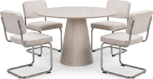 Siena spisegruppe rund 110 cm hvitlasert med 4 Milva spisestoler Hvitlasert/Beige/krom