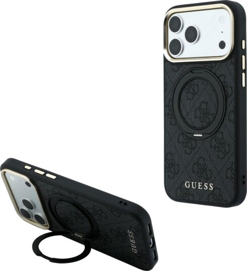 GUESS 4G Ring Stand MagSafe Mobildeksel for iPhone 17/18 Pro - Svart