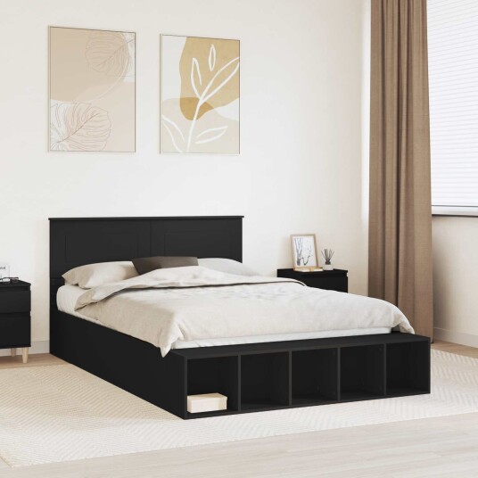 Sengestamme med hylle Svart 150 x 200 cm Konstruert tre