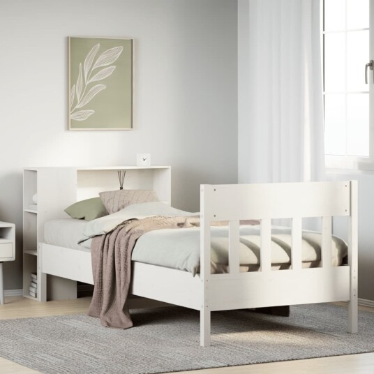 Seng med bokhylle uten madrass hvit 75x190 cm heltre furu 3323207