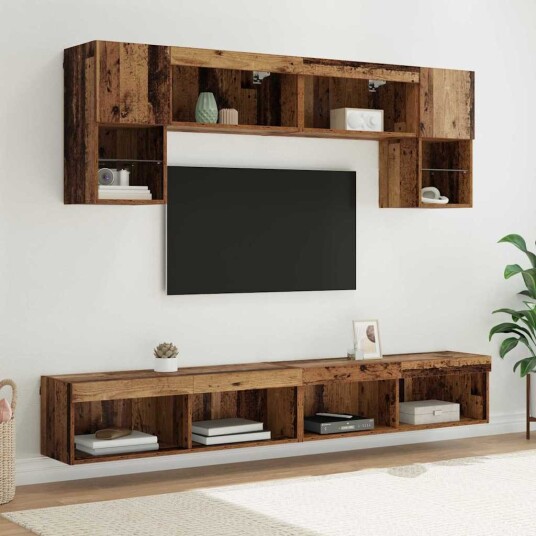 TV veggenheter med LED 6 pcs Gamle tre Konstruert tre TV veggenheter med LED 6 pcs Gamle tre Konstruert tre