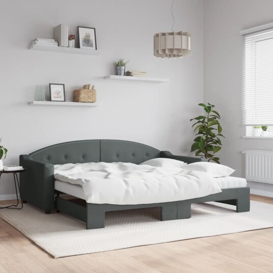 Uttrekkbar dagseng med madrass mørkegrå 90x190 cm stoff