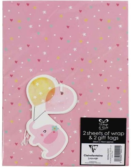 2 stk Baby Girl Rosa Elefant Gavepapir med 2 stk Navnelapper 50x70cm
