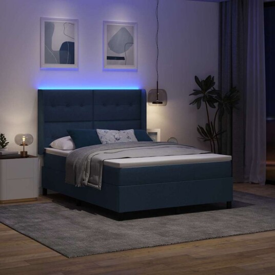  Box Spring Seng med Madrass & LED Blå 140x190 cm Stoff