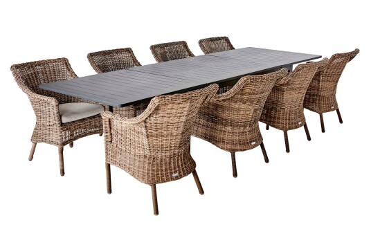 Brafab Lomma & Lenora spisegruppe Antrasitt/natur 8 stoler & bord 180 300 x 100 cm