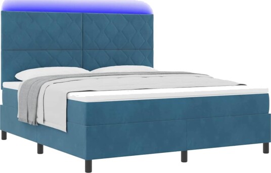  Box Spring Seng med Madrass & LED Mørkeblå 180x200 cm Fløyel