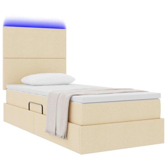 Seng med lagring og LED med madrass Creme 90 x 190 cm Polyester